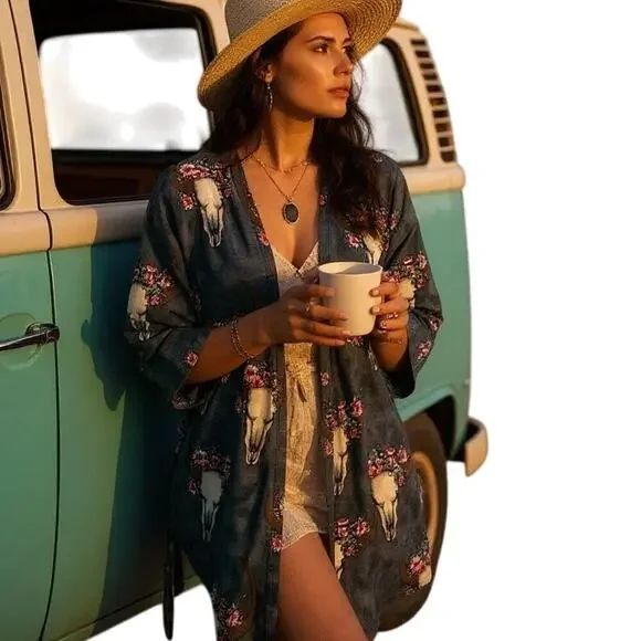 Floral Longhorn Skull Print Kimono Cardigan Boho Western Core M Coastal Cowgirl - Picture 2 of 10